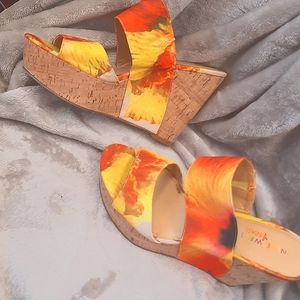 NINE WEST BRASIL WEDGE SANDAL EXOTIC YELLOW & ORANGE SIZE 9